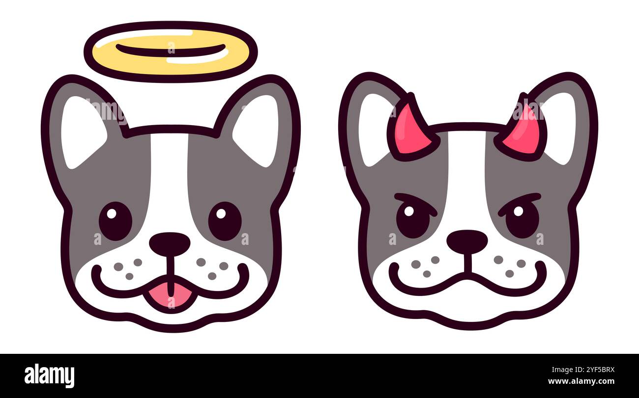 Engel und Teufel französisches Bulldogengesicht, süße Zeichentrickzeichnung. Einfache Kawaii Frenchie Dog Doodle Stil Illustration. Stock Vektor