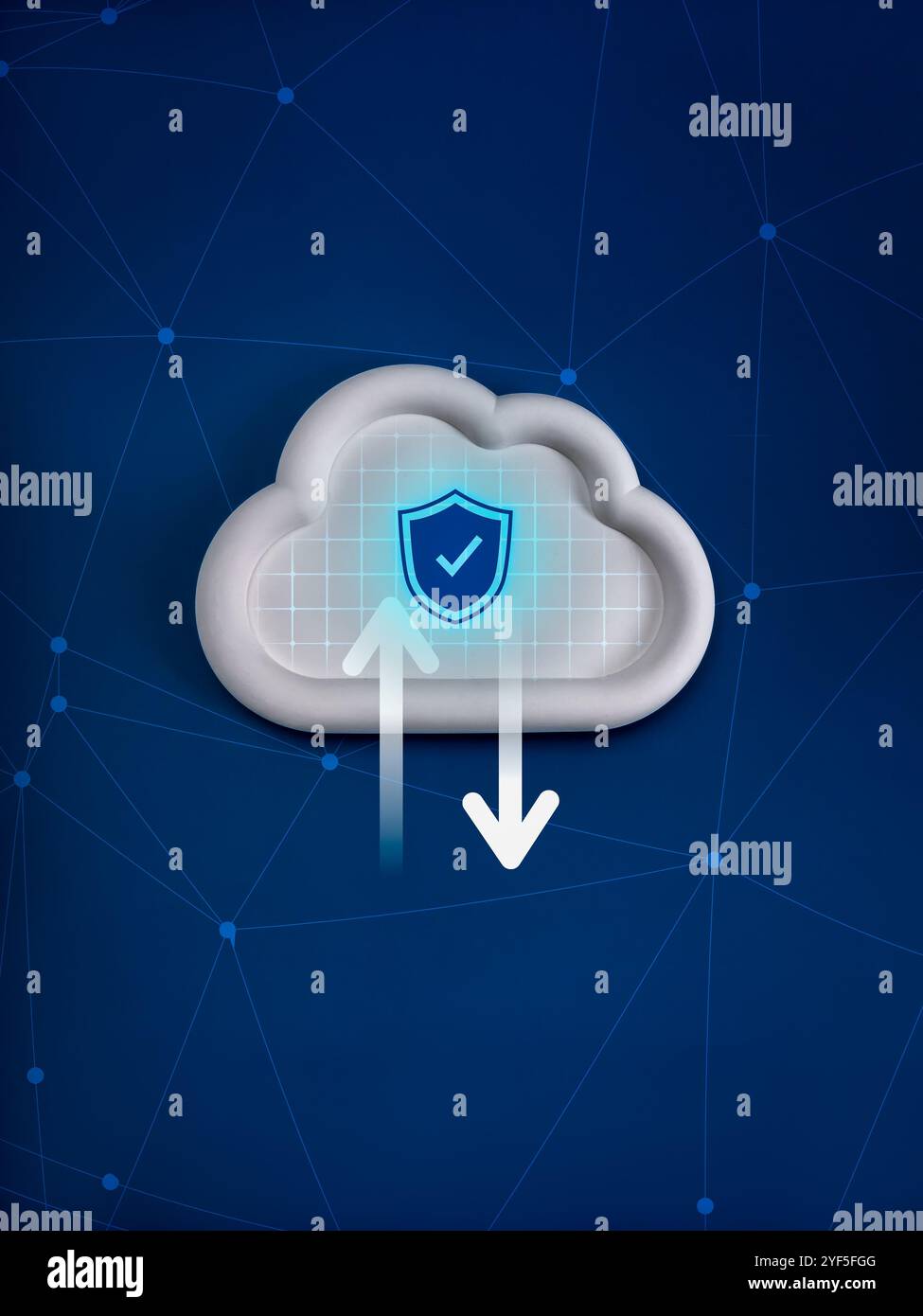 Cloud-Computing-Infrastrukturtechnologie, Konzept für Speicherdienste für Datensysteme. Sicherheitsschild Symbol, Upload- und Download-Pfeile auf weißer Wolke With Stockfoto