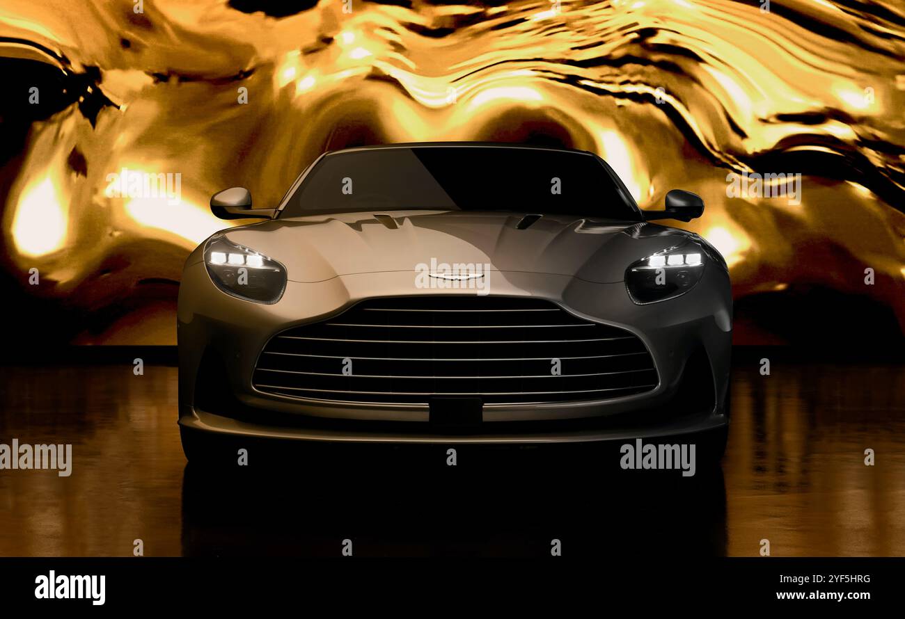 Nicht exklusiv: Aston Martin ist stolz, die DB12 Goldfinger Edition präsentieren zu dürfen, die vom maßgeschneiderten Personalisierungsservice Q b der Luxusmarke entwickelt wurde Stockfoto