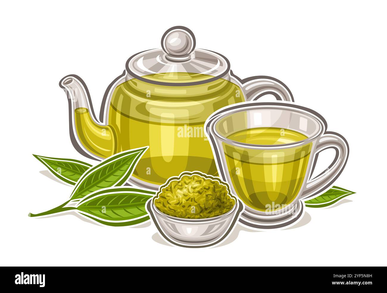 Vektor-Logo für Green Tea Drink, horizontales Poster mit Zeichentrickdesign traditionelle Teekomposition, dekoratives Plakat mit frischem grünem Tee im Glas t Stock Vektor