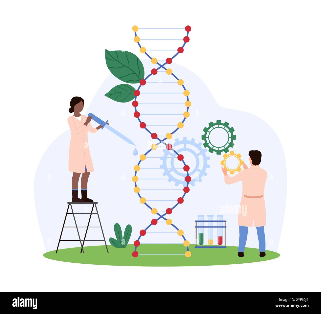 Forscher beschäftigen sich mit der präzisen Gentechnik und passen DNA-Sequenzen mit Hightech-Werkzeugen und Zahnrädern an, was bahnbrechende Biotechnologie-Vektorillustration darstellt Stock Vektor