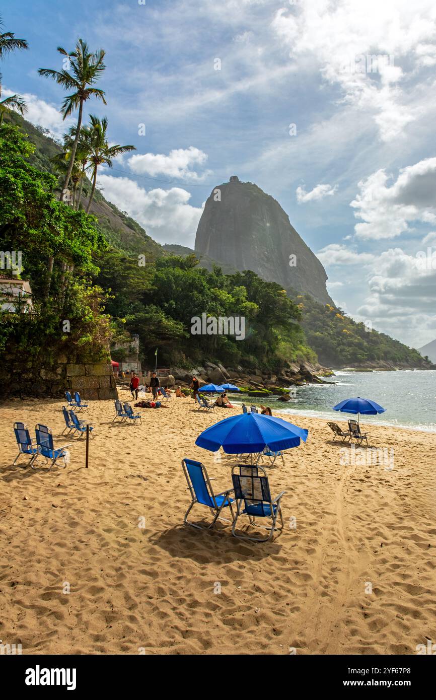 Sonnenliegen und Sonnenschirme im Praia Vermelha (Roter Strand) in Rio de Janeiro Stockfoto