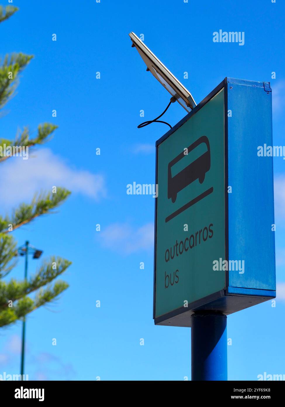 Ein Bushalteschild mit „Autocarros“ unter einer Bussymbole, begleitet von Solarpaneel vor einem Hintergrund des klaren blauen Himmels und eines grünen Laubbaums. Stockfoto