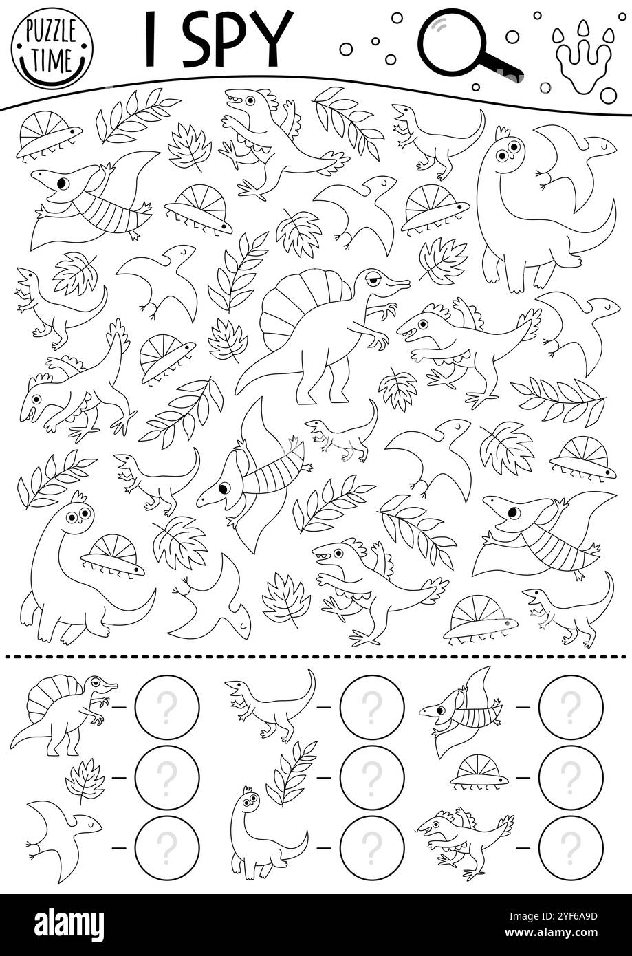 Dinosaurier schwarz-weiß Ich spioniere Spiel für Kinder. Suche- und Zähllinienaktivität mit Brachiosaurier, Pterosaurier, Velociraptor. Prähistorischer druckbarer Arbeitsauftrag Stock Vektor