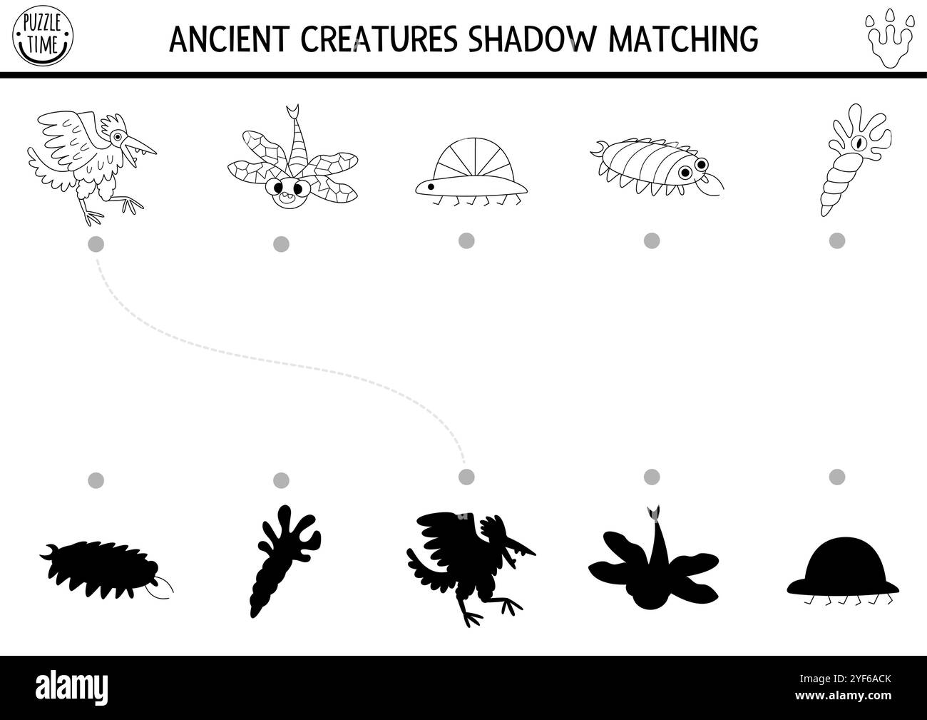 Schwarze und weiße Schattenseiten des Dinosauriers, die Aktivität mit alten Tieren kombinieren. Prähistorisches Linienpuzzle mit niedlichem Ammoniit, Tausendfüßer. Suchen Sie die richtige Silhouette Stock Vektor