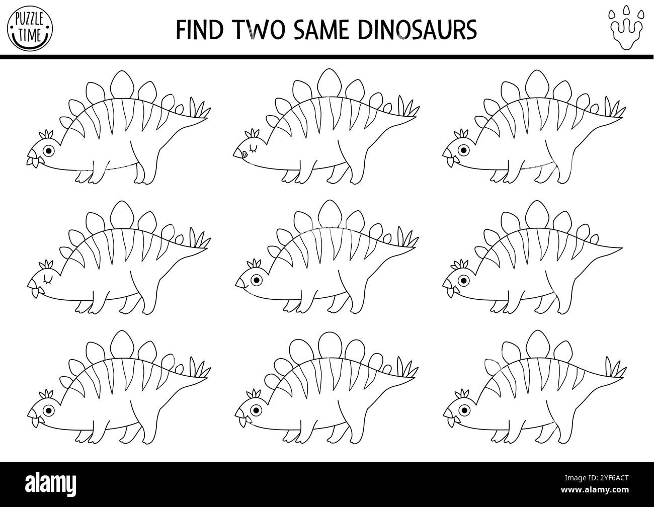 Finde zwei gleiche Dinosaurier. Prähistorische Schwarz-weiß-Matching-Aktivität. Dino Lehrinhalte Quiz, Arbeitsblatt für Kinder mit alten Tieren. Druckbar Stock Vektor