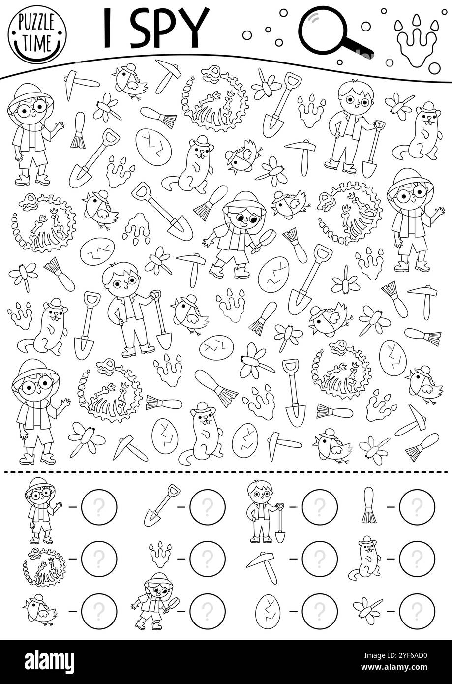 Dinosaurier schwarz-weiß Ich spioniere Spiel für Kinder. Suche- und Zähllinienaktivität mit Paläontologen, Knochen, Skelett. Prähistorischer druckbarer Arbeitsschritt Stock Vektor Dinosaurier schwarz-weiß Ich spioniere Spiel für Kinder. Suche- und Zähllinienaktivität mit Paläontologen, Knochen, Skelett. Prähistorischer druckbarer Arbeitsschritt Stock Vektor