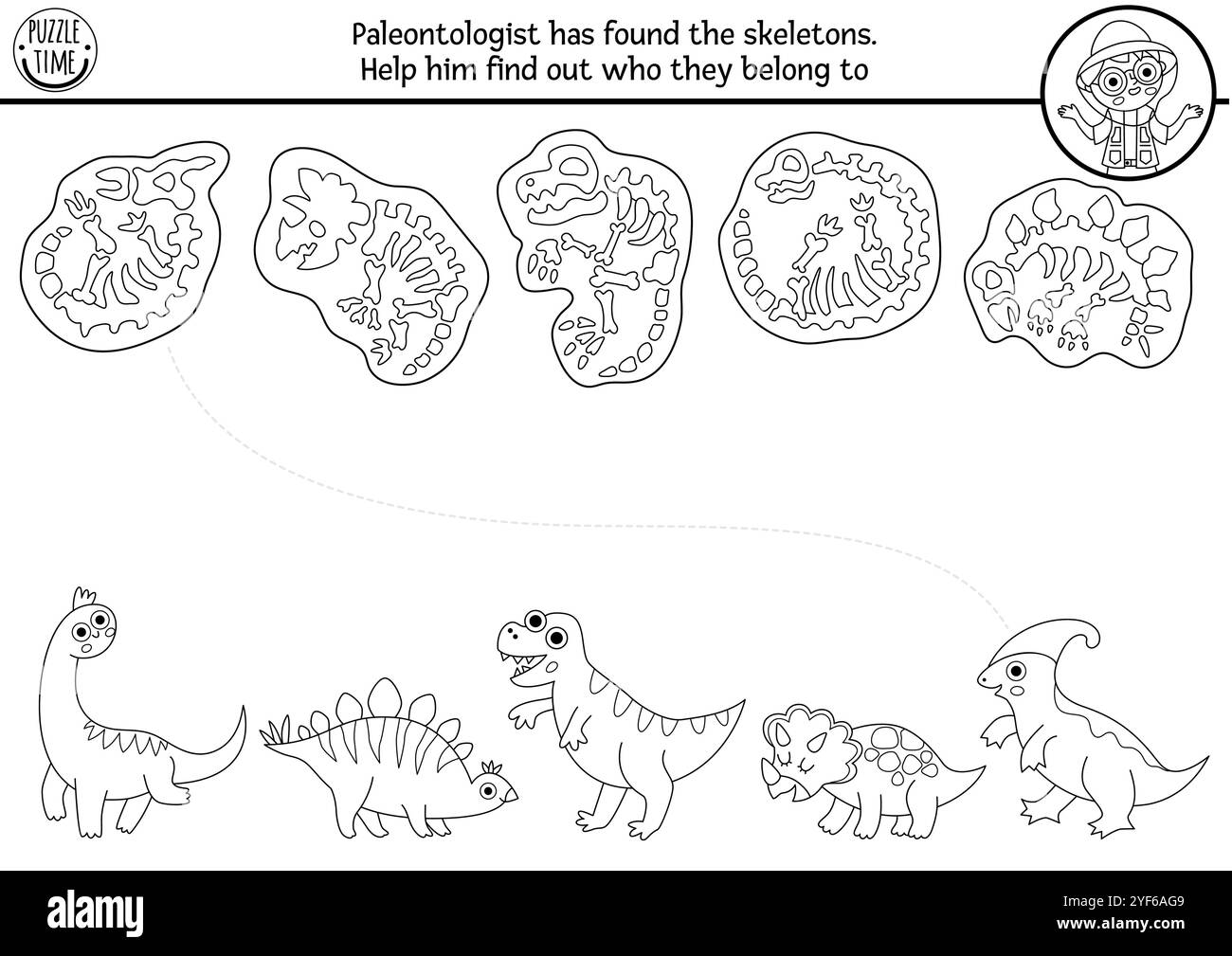 Dinosaurier in Schwarz und weiß passen zu den niedlichen Tieren, ihren Skeletten. Prähistorisches Linienpuzzle mit T-rex, Stegosaurier. Spiel mit den Knochen. Di Stock Vektor