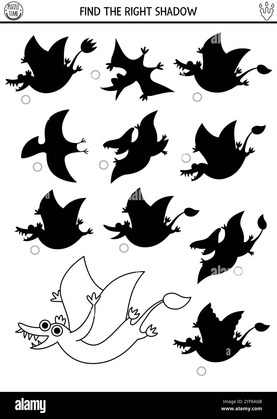 Schwarze und weiße Schattenseiten des Dinosauriers passen die Aktivität mit dem alten Tier an. Prähistorisches Linienpuzzle mit Rhamphorhynchid. Suchen Sie die richtige Silhouette, die gedruckt werden kann Stock Vektor