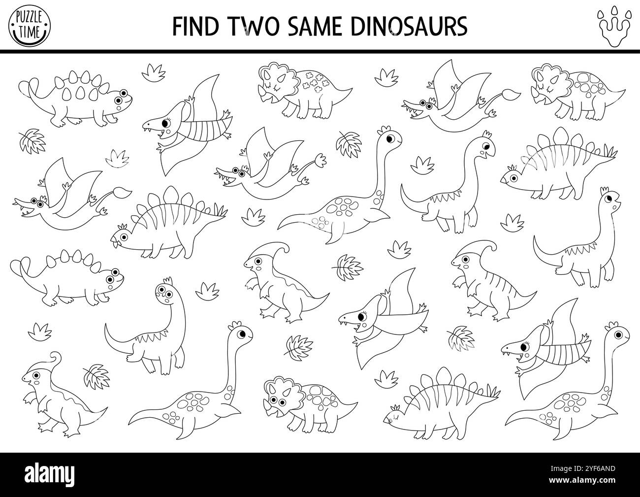 Finde zwei gleiche Dinosaurier. Prähistorische Schwarz-weiß-Matching-Aktivität für Kinder. Dino Land Lernquiz-Arbeitsblatt für Kinder mit antikem Tier Stock Vektor