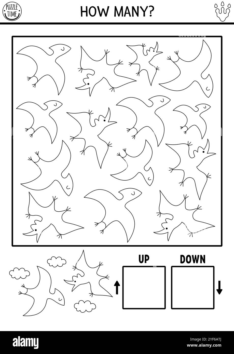 Schwarz-weiß-Dinosaurier-Logikspiel mit auf- und Abwärtskonzept für Kinder. Ich spioniere auf der Suche nach, zähle die Aktivität mit alten Tieren. Prähistorische printa Stock Vektor