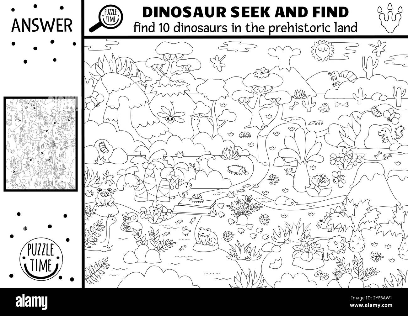 Vektor-Schwarzweiß-Dinosaurier-Suchspiel mit prähistorischer Landschaft. Verdeckte Spender im Bild. Alte Welt Linie suchen und finden Bildung Stock Vektor