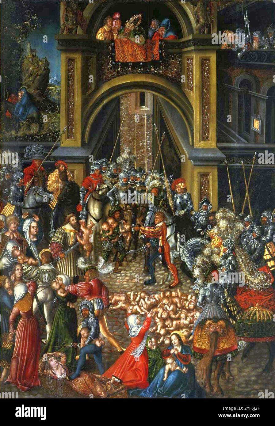 König Herodes beobachtet die Ereignisse vom Balkon aus, in der oberen linken Ecke sind Maria und Josef auf der Flucht nach Ägypten zu sehen. Werkstatt von Lucas Cranach dem Älteren Stockfoto