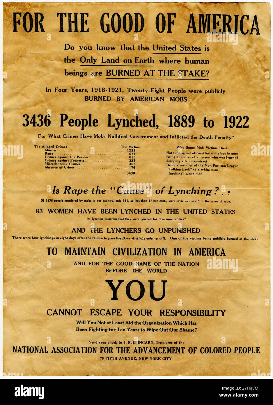 Ein Anti-Lynch-Poster, das von der NAACP verteilt wird. 1922 Stockfoto