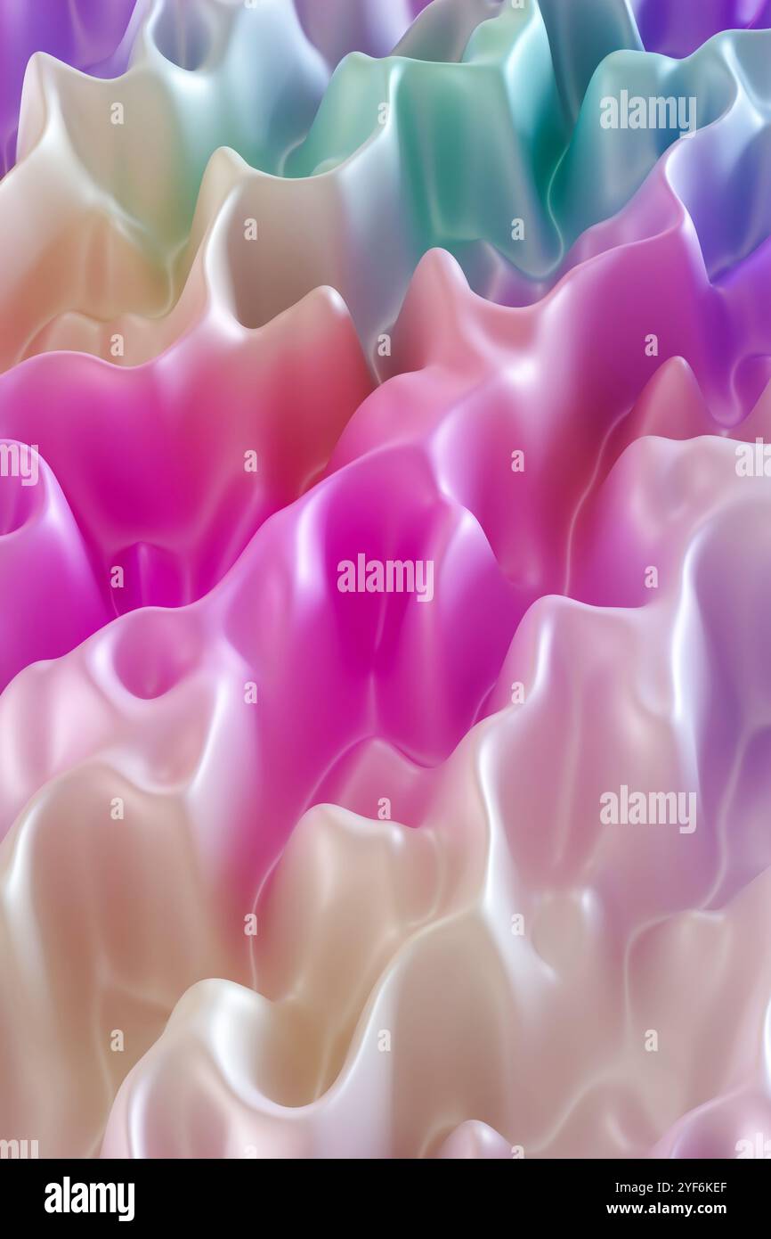 Pastellfarbener, welliger Farbverlauf mit glatter, fließender Textur. Sanfte Kurven in Rosa, Blau und Lila, die eine sanfte und ruhige Ästhetik schaffen. Ideal Stockfoto