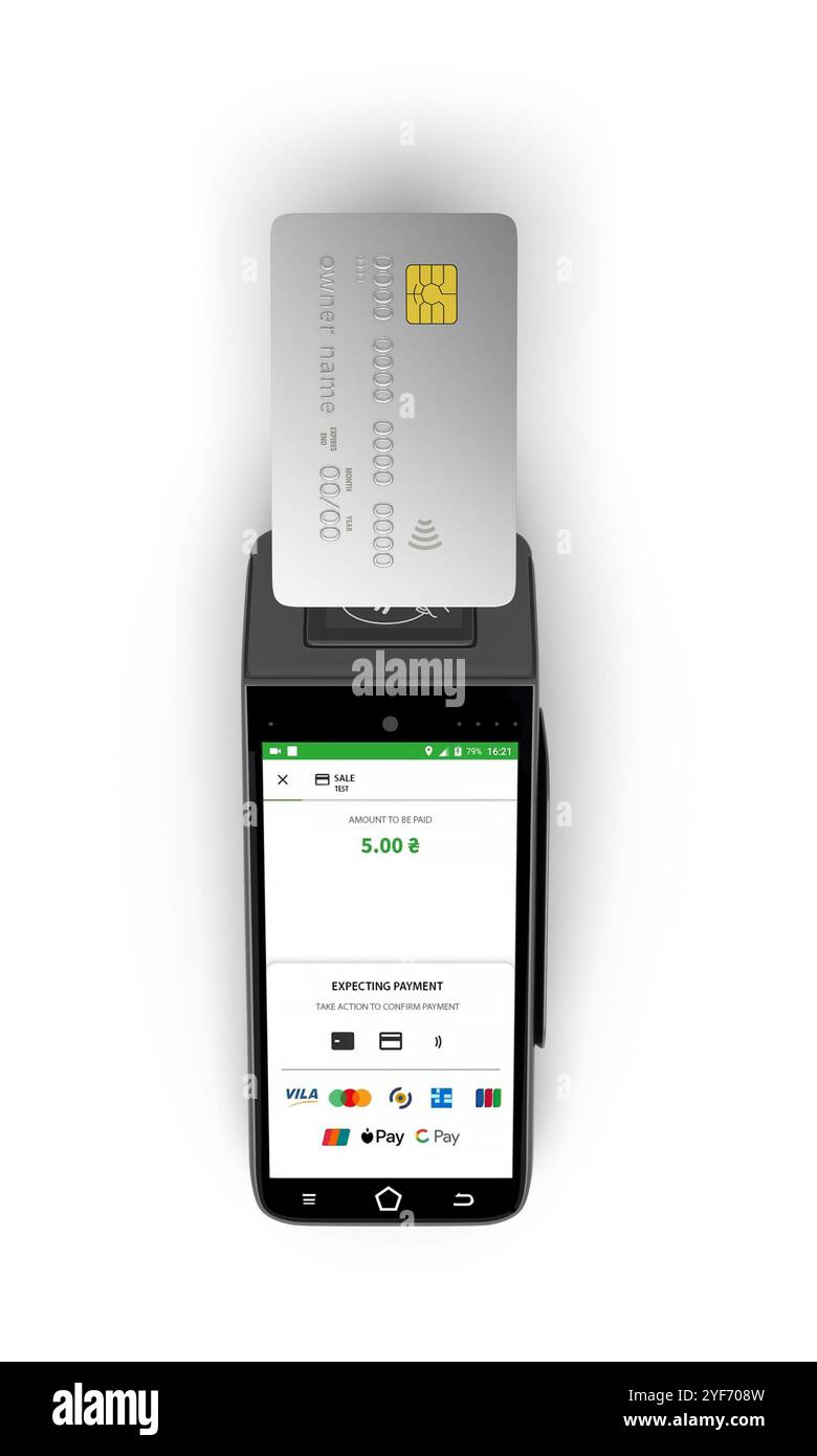 Kontaktlose Zahlung per Karte über das Terminal 3D-Rendering auf weiß Stockfoto