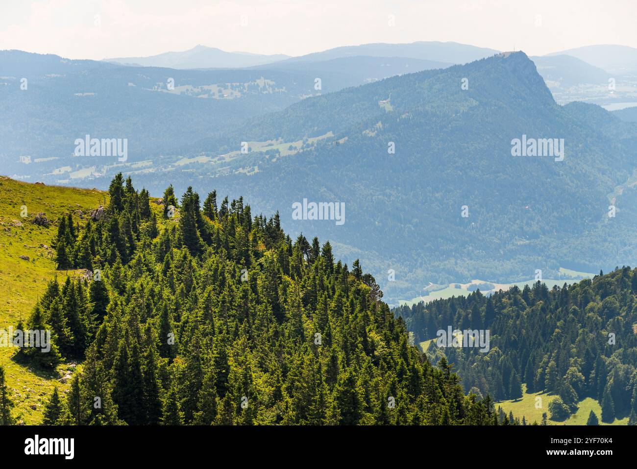 Landschaft des Waadtländer Juras mit Dent de Vaulion auf der rechten Seite Stockfoto