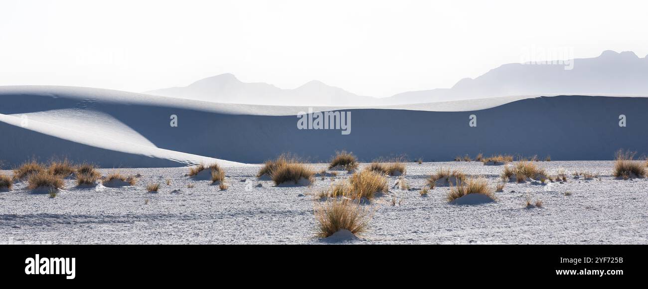 Wulstige Weiße Sanddünen, Die Von Den Andres Mountains Im White Sands National Park Alamorgorada, New Mexico, Flankiert Werden Stockfoto