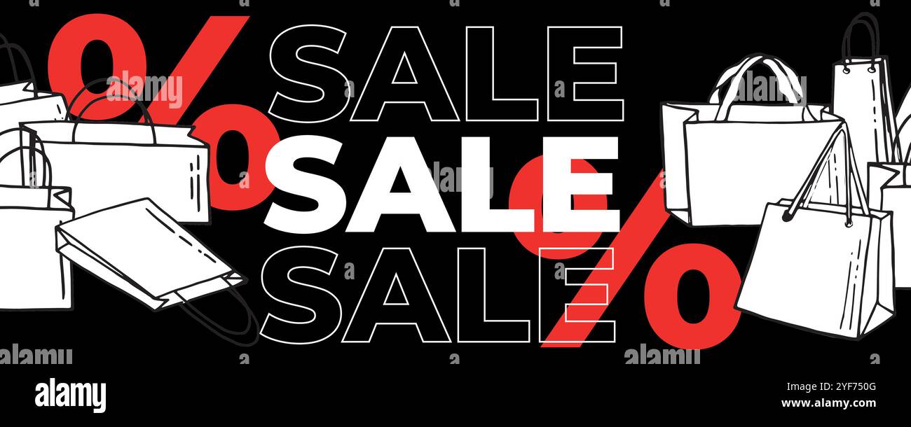 Big Sale Banner Design für Online-Shop in flachem Stil. Rabatt. Einkaufstasche Kritzelei. Vektor. Stock Vektor
