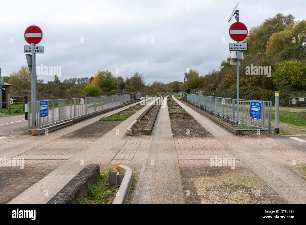 Der Cambridgeshire Guided Busway führt durch den RSPB Fen Drayton Lakes, England, Großbritannien Stockfoto