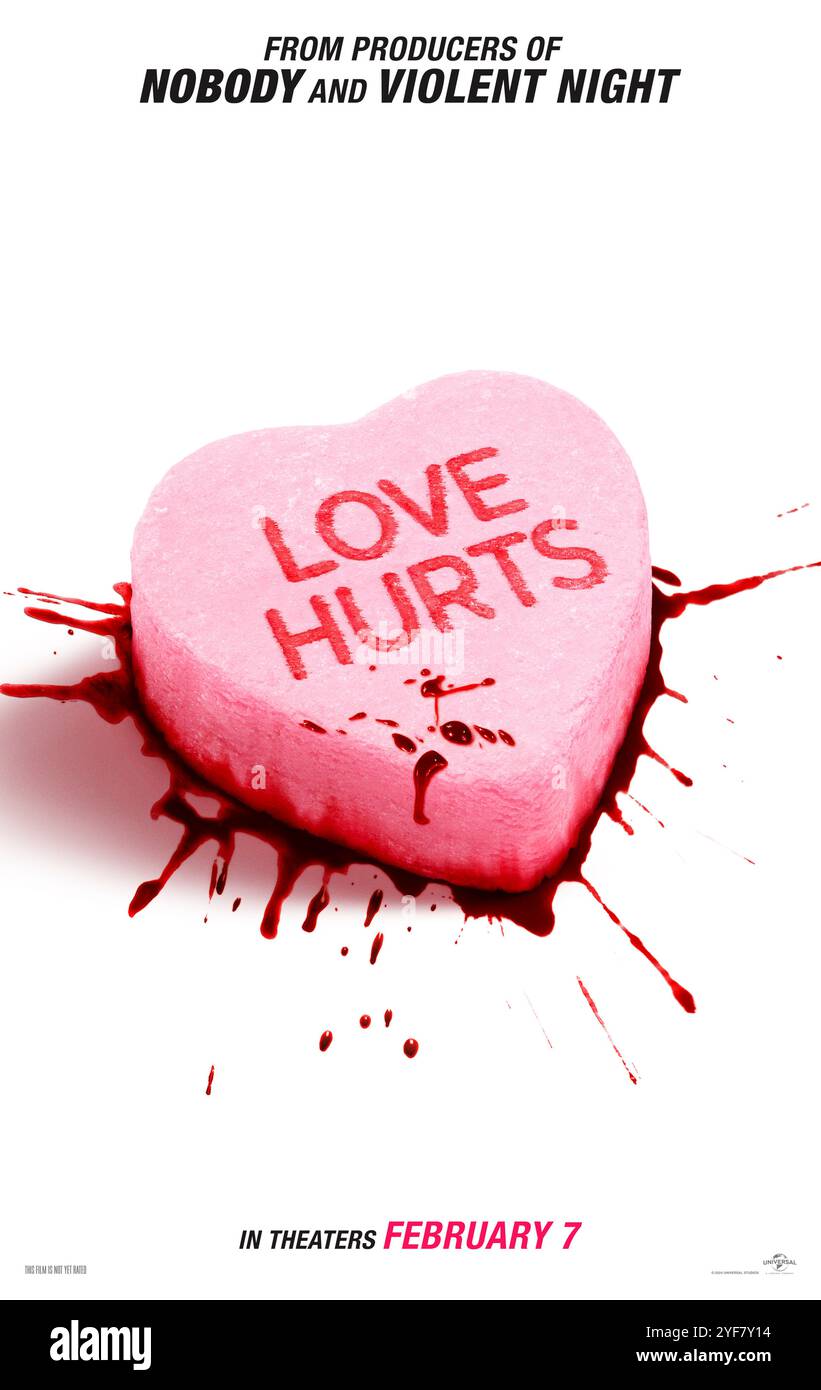 Love Hurts (2024) von JoJo Eusebio mit Ke Huy Quan, Ariana DeBose und Daniel Wu. Die Vergangenheit eines gutmütigen Maklers holt ihn ein, wenn ein ehemaliger Partner Rache sucht. NUR ZUR REDAKTIONELLEN VERWENDUNG des US-Advance-Posters. Quelle: BFA / Universal Pictures Stockfoto