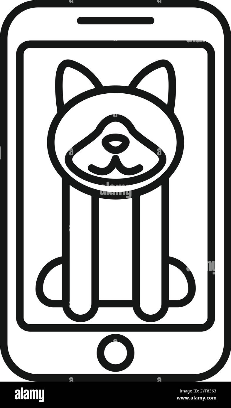 Einfache Linienzeichnung eines Smartphones, das das Gesicht eines sitzenden Hundes darstellt und Online-Dienste, Apps und Communities für Haustiere darstellt Stock Vektor
