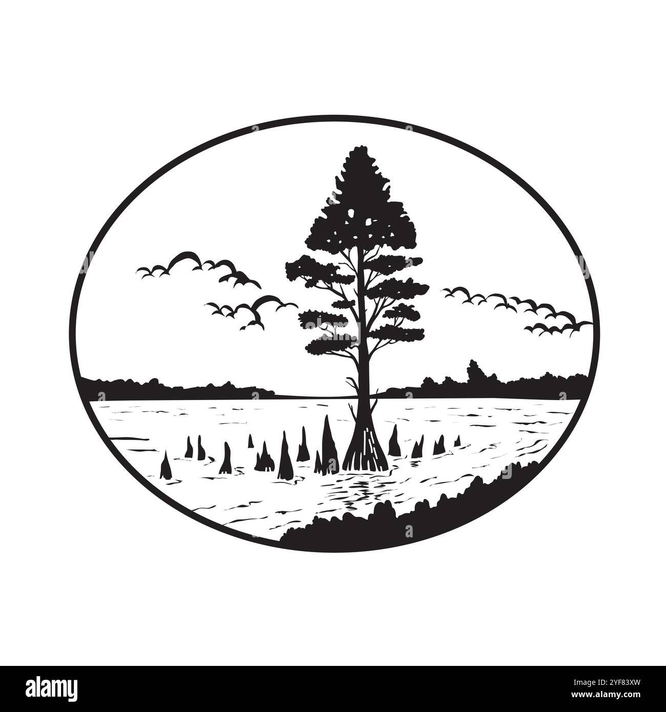 Retro-Stil Illustration einer kahlen Zypresse oder Taxodium distichum auf Sumpfgebiet oder Flussdelta in ovaler Form auf isoliertem Hintergrund in Schwarz und Stock Vektor