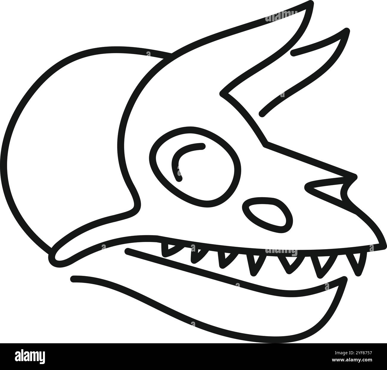 Linienzeichnung eines Dinosaurierschädelfossils, das Paläontologie, prähistorisches Leben und antike Geschichte repräsentiert Stock Vektor