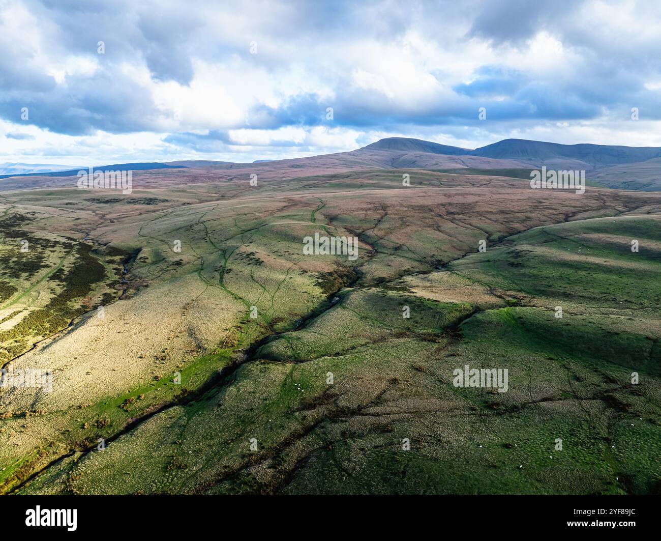 Farmen über Black Mountain von einer Drohne aus, Brecon Beacons National Park, Carmarthenshire, Wales, England Stockfoto