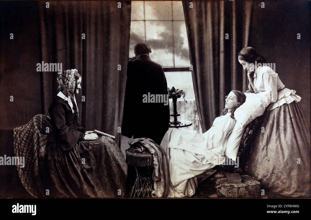 Das Foto von 1858, das von Henry Peach Robinson verblasst wurde. Robinson war ein bekannter Kunstfotograf und bekannt für seine Fähigkeit, aus mehreren Negativen zusammengesetzte Bilder zu machen. Das sterbende Mädchen auf diesem Bild ist auf seinem Foto zu sehen. Sie erzählte ihr nie ihre Liebe. Stockfoto