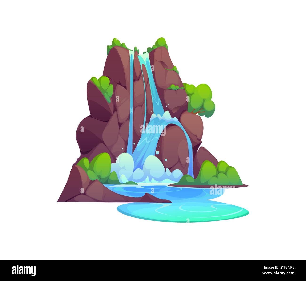 Cartoon-Wasserfall und Wasserkaskade. Vektor-plätschernde Bäche und Jets, die über die felsigen Klippen mit grüner Vegetation fallen. Isolierte Mehrfachströmung, natürliche Umgebung, Spielort oder Parkdekoration Stock Vektor