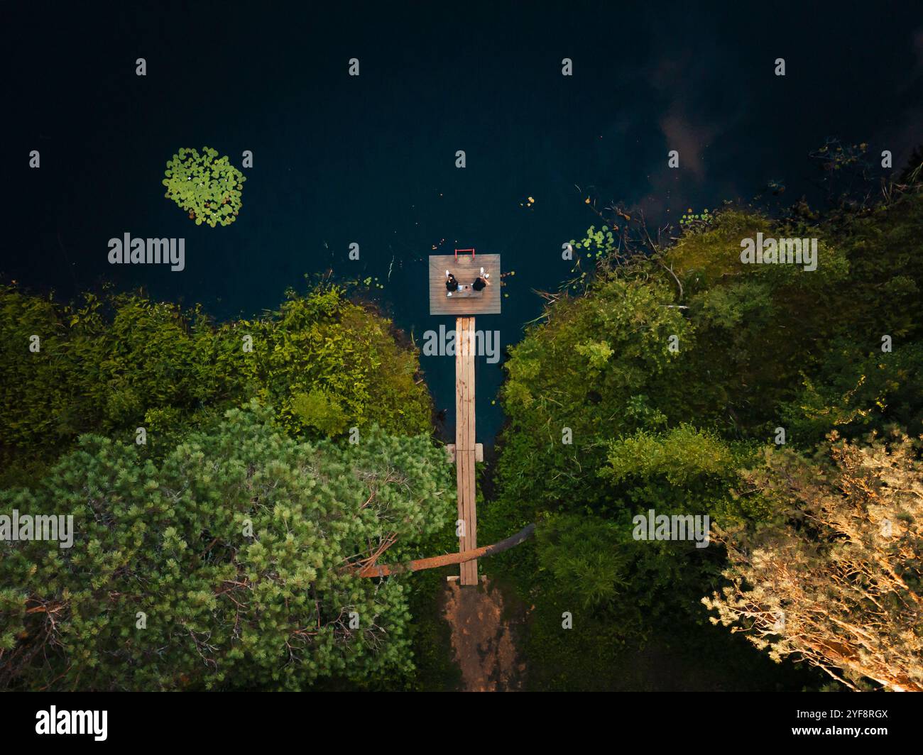 Holzsteg am See aus der Vogelperspektive Stockfoto