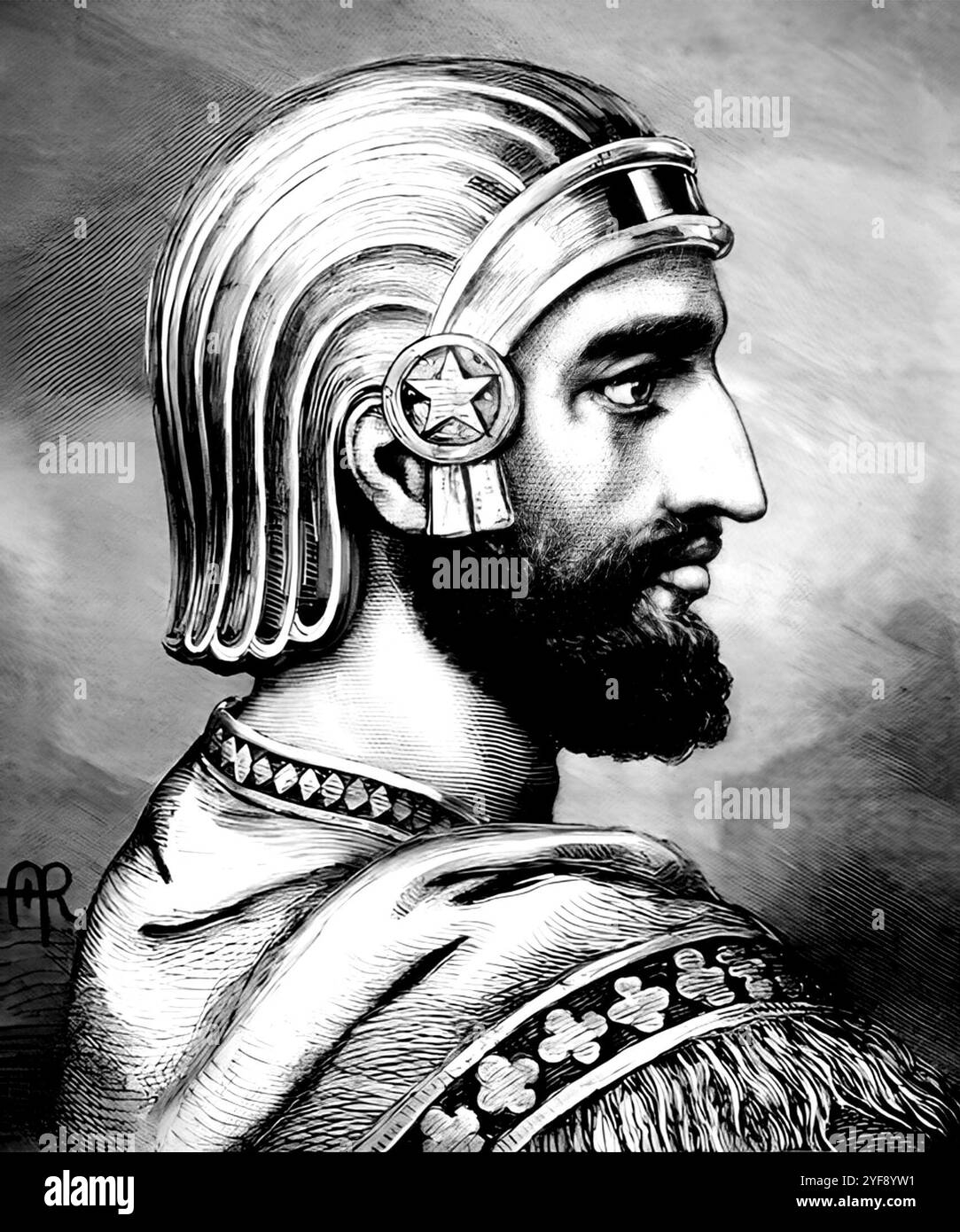 Iran/Persien: Stich von Cyrus dem Großen aus dem 19. Jahrhundert (R. 559-530 v. Chr.), basierend auf dem geflügelten Genius-Relief von Pasargadae. Cyrus II. Von Persien, auch bekannt als Cyrus der große oder Cyrus der ältere, war der Gründer des Achämenidenreiches. Unter seiner Herrschaft umfasste das Reich alle früheren zivilisierten staaten des alten Nahen Ostens, expandierte gewaltig und eroberte schließlich den größten Teil Südwestasiens und einen Großteil Zentralasiens und des Kaukasus. Vom Mittelmeer über Hellespont im Westen bis zum Indus im Osten schuf Cyrus das größte Reich, das die Welt je gesehen hatte. Stockfoto