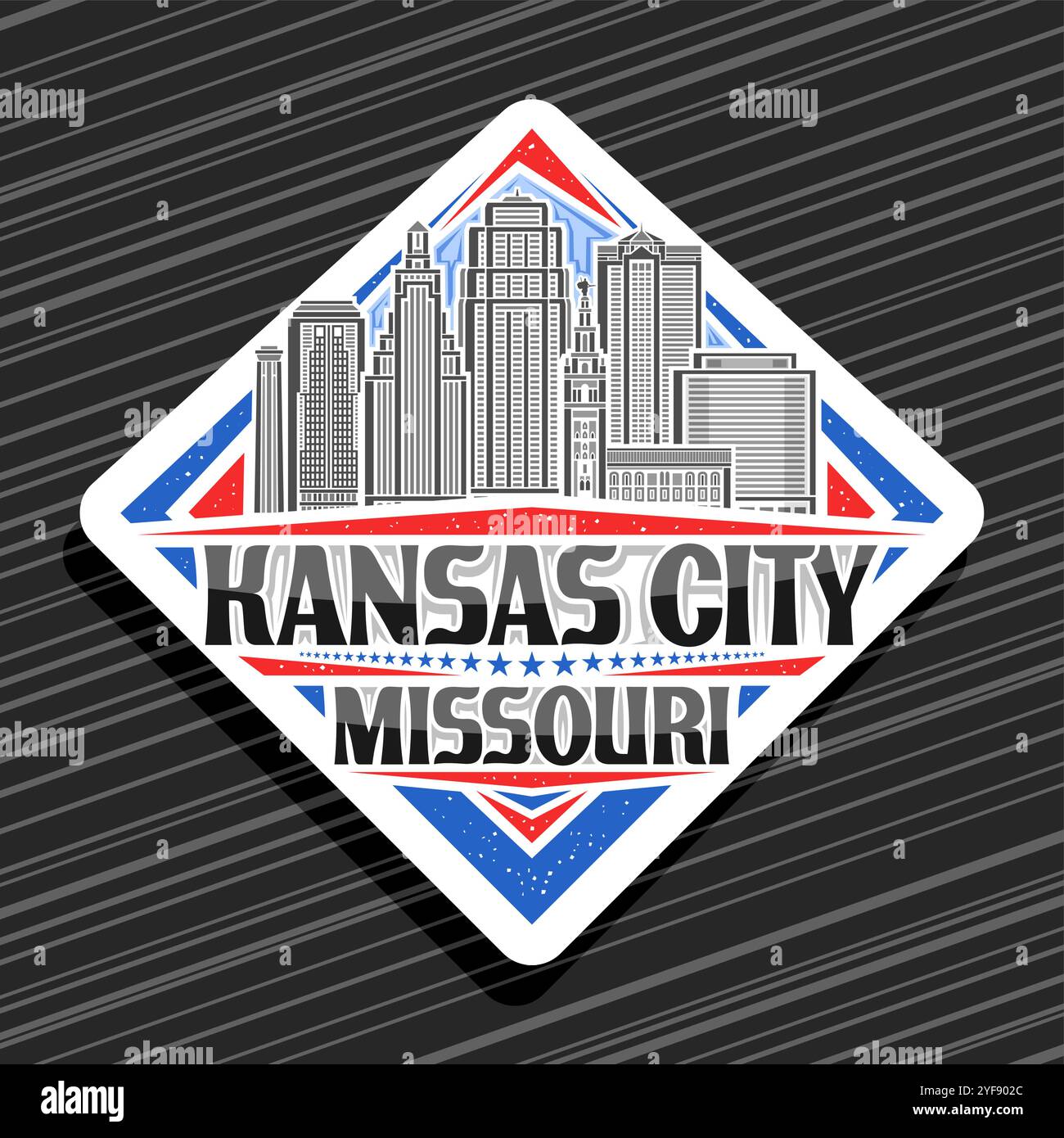 Vektor-Logo für Kansas City, weißes Rautenschild mit Linienillustration der berühmten städtischen missouri Stadtlandschaft, Kunst Design Kühlschrank Magnet mit Uniq Stock Vektor