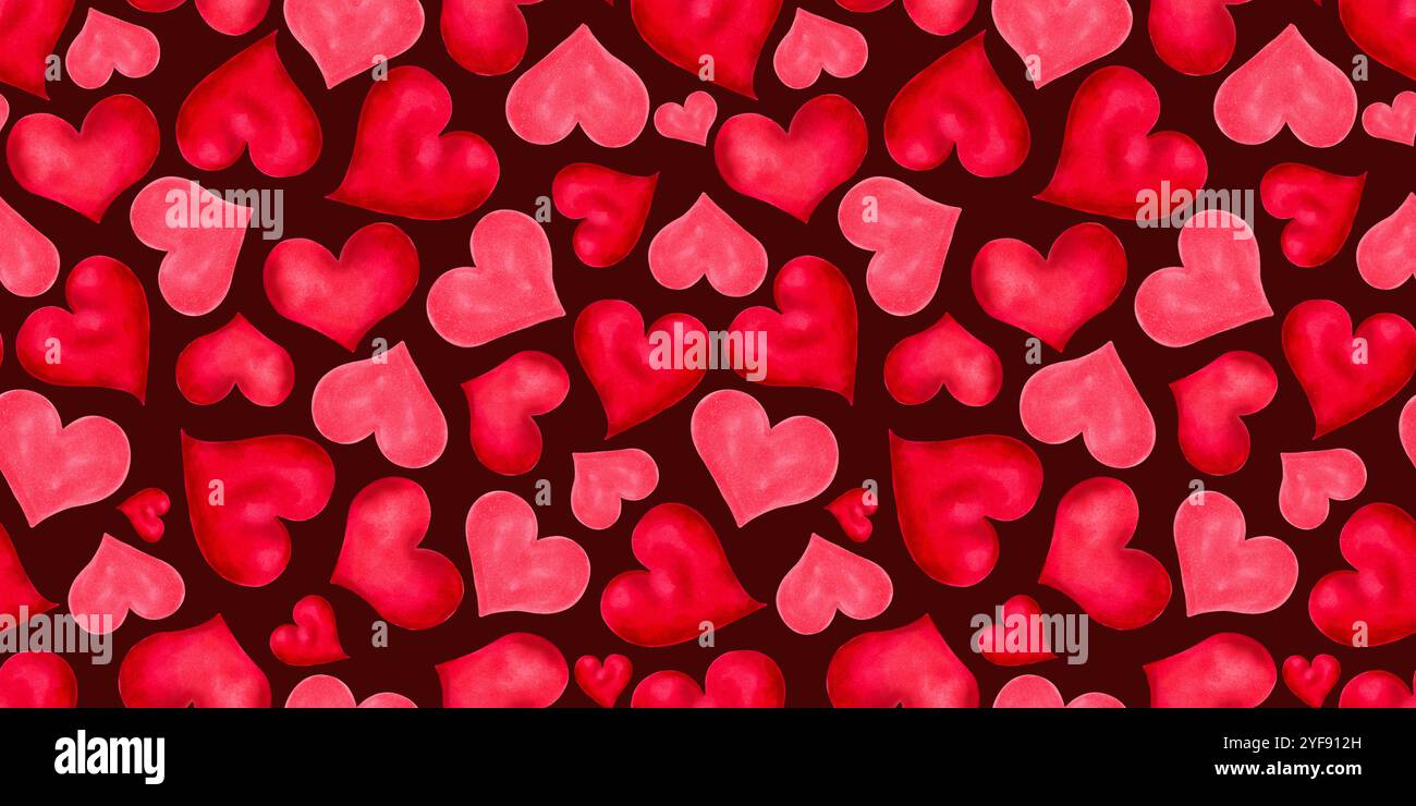 Nahtloses Liebesmuster zum Valentinstag. Rosafarbener Hintergrund mit rotem Herzen. Handgezeichnete isolierte Aquarellillustration. Für Designdekorationen auf Mutters Stockfoto