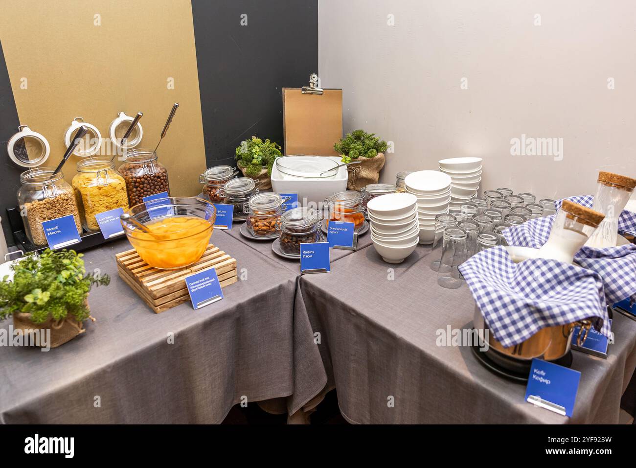 Luxuriöses Frühstücksbüfett mit verschiedenen Müsli und Cornflakes und frischem Obst in Dosen im Hotel Stockfoto