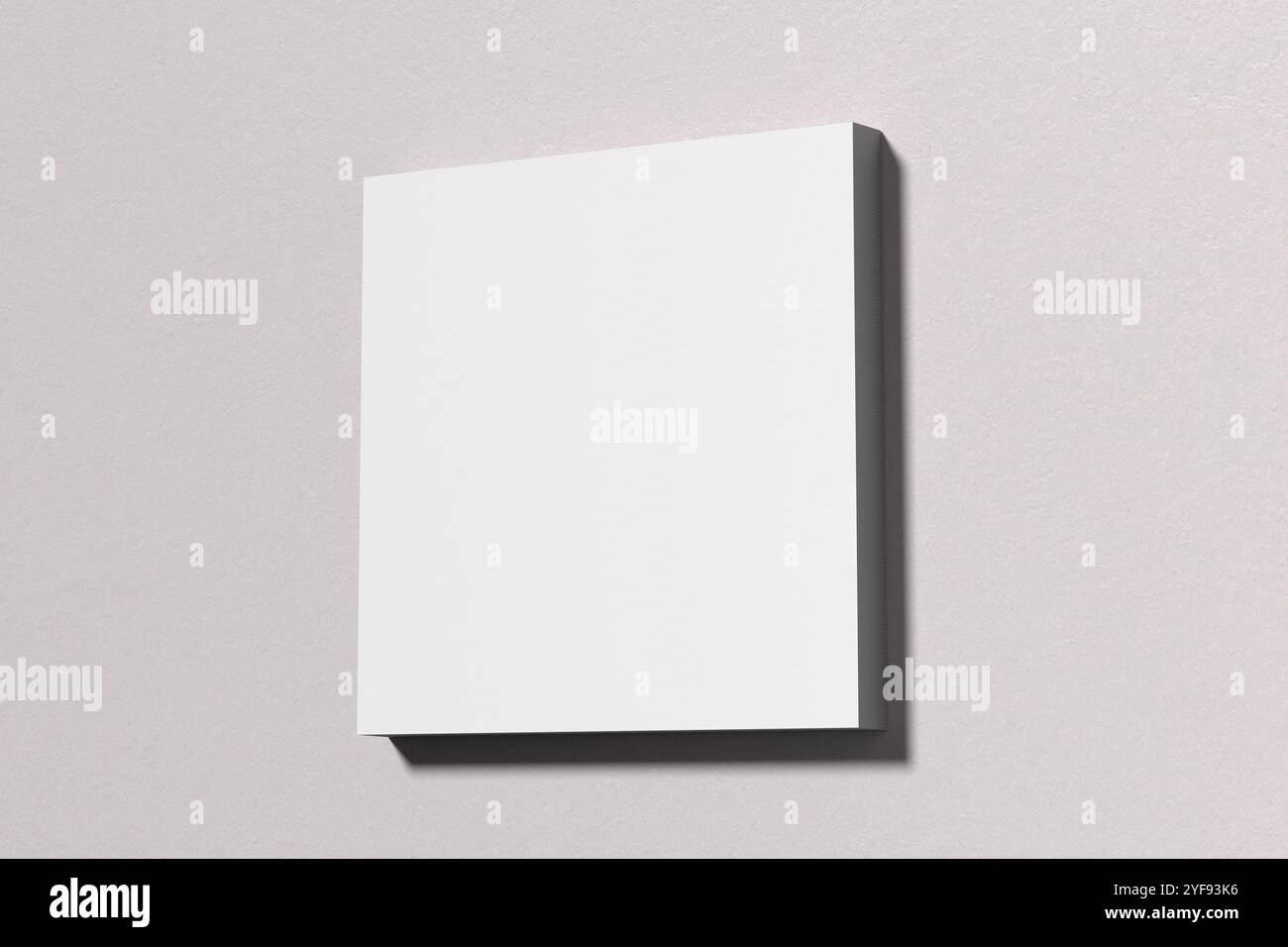 Minimalistische Komposition mit einer leeren weißen quadratischen Leinwand auf einer hellgrauen Wand, ideal für die Präsentation von Kunstwerken oder Designs. 3D-Rendering. Stockfoto
