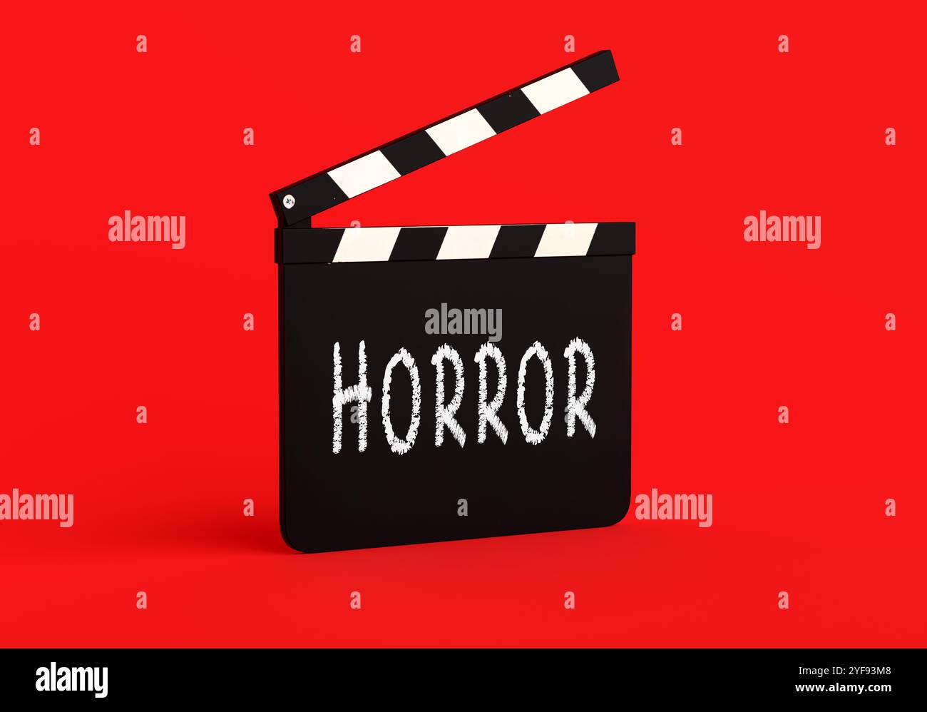 Offene Schranke mit Horror-Genre, die auf einem leuchtend roten Hintergrund platziert ist, sorgt für Vorfreude auf ein unheimliches Kinoerlebnis. 3D-Rend Stockfoto
