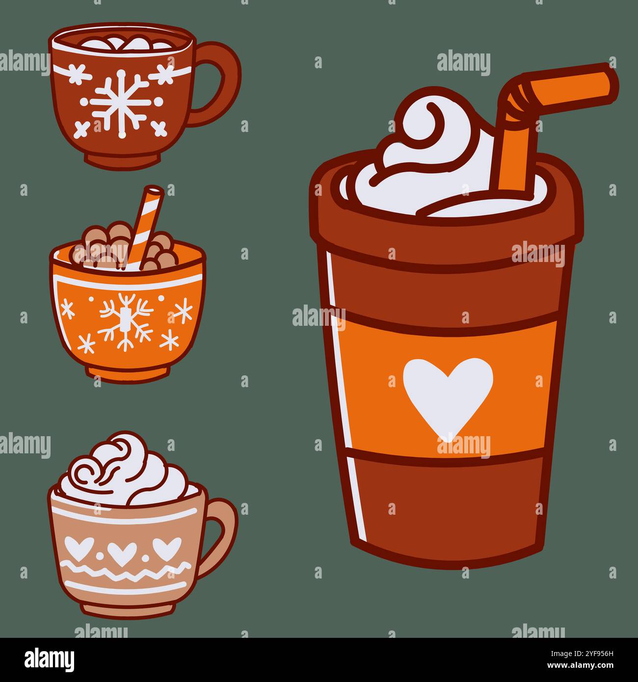 Eine Sammlung von Kaffeetassen mit Schneeflocken darauf. Die Tassen haben verschiedene Größen und Formen und sind alle mit verschiedenen Arten von Heißgetränken gefüllt Stock Vektor