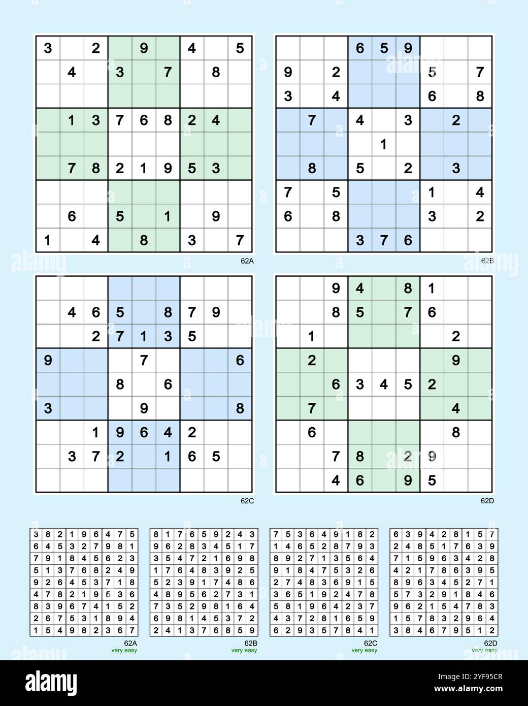 Sudoku-Set Nr. 62 MK II. Reflexive Symmetrien. Sehr einfach – (2), sehr einfach (2). 32, 31, 30, 29 Hinweise. Erweiterte Bewertung basierend auf sechs Lösungswegen. Stock Vektor