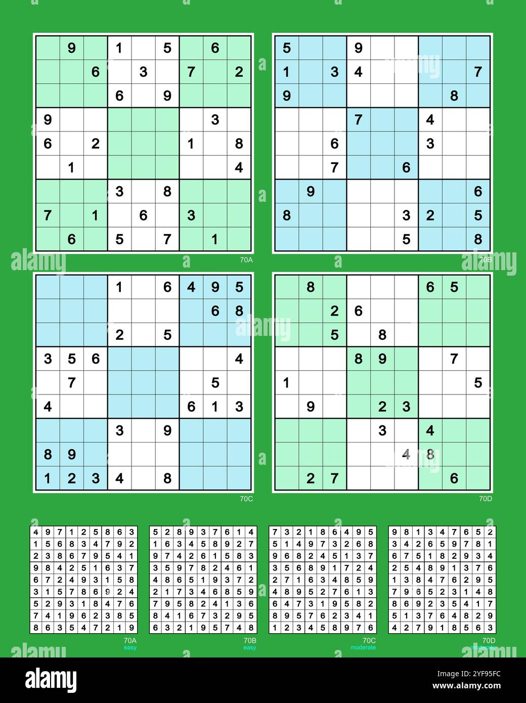 Sudoku-Set N.70 MK II. Sym 180°. Leicht (2), Mittel – (2). 28, 22, 28, 22 Hinweise. Erweiterte Bewertung basierend auf der Analyse von sechs verschiedenen Lösungswegen. Stock Vektor