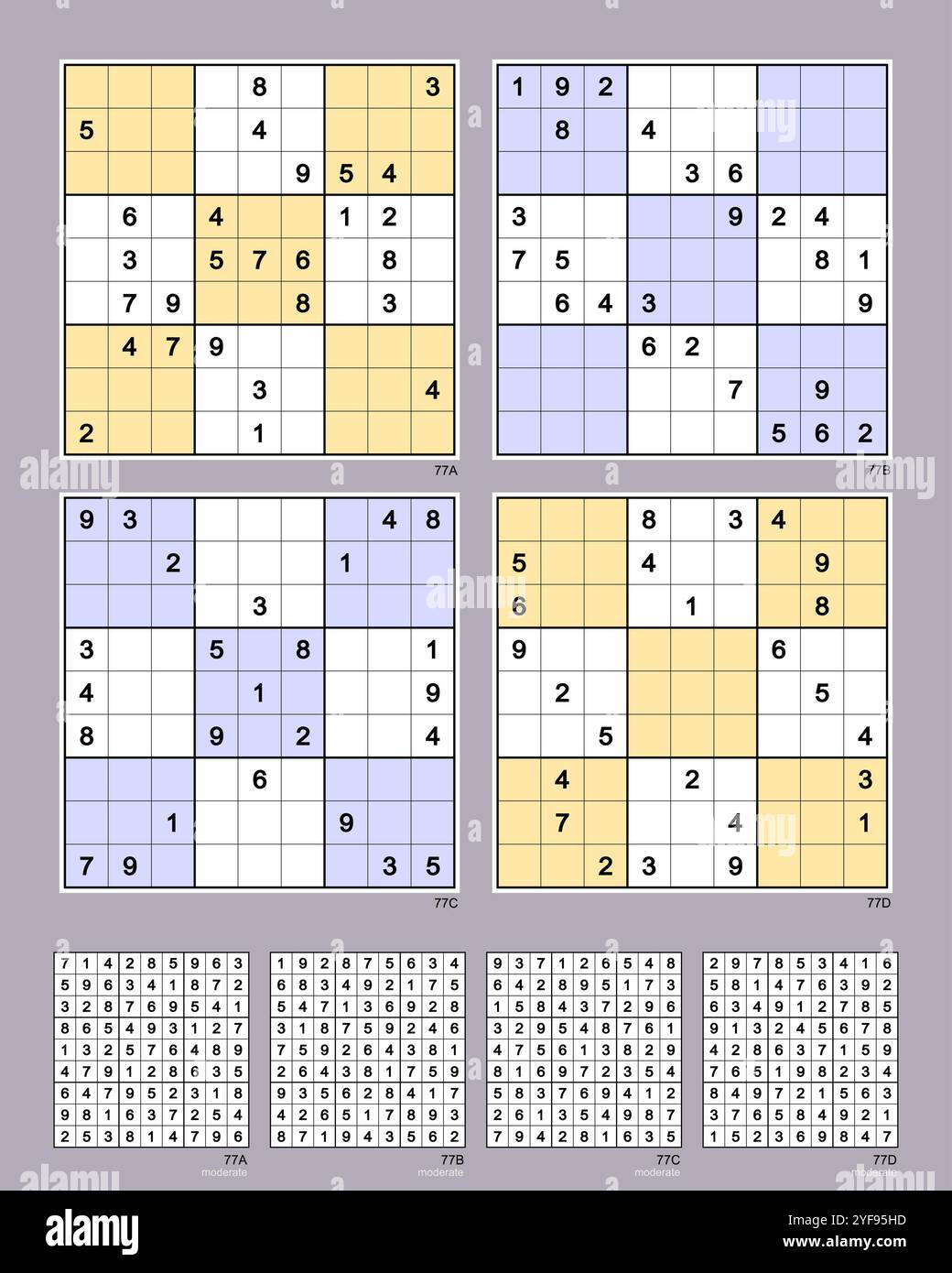 Sudoku-Set Nr. 77 MK II. Rotationssymmetrien (A, B, D) und Axialsymmetrien (C). Mäßig. 27, 26, 25, 24 Hinweise. Erweiterte Bewertung basierend auf sechs Lösungswegen. Stock Vektor