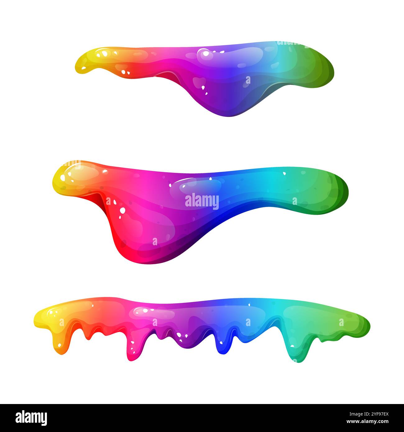 Tropfender Regenbogenschleim mit leuchtenden Farben. Rainbow Splash Kollektion auf transparentem Hintergrund. Ideal, um verspielt und giftig zu sein Stock Vektor