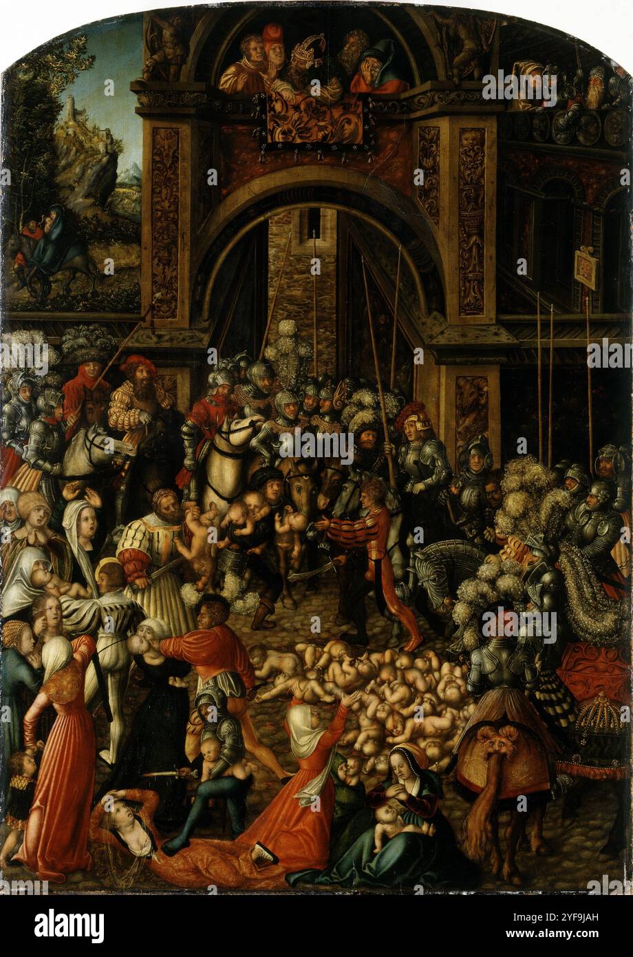König Herodes beobachtet die Ereignisse vom Balkon aus, in der oberen linken Ecke sind Maria und Josef auf der Flucht nach Ägypten zu sehen. Lucas Cranach der ältere - Massaker an den Unschuldigen Stockfoto