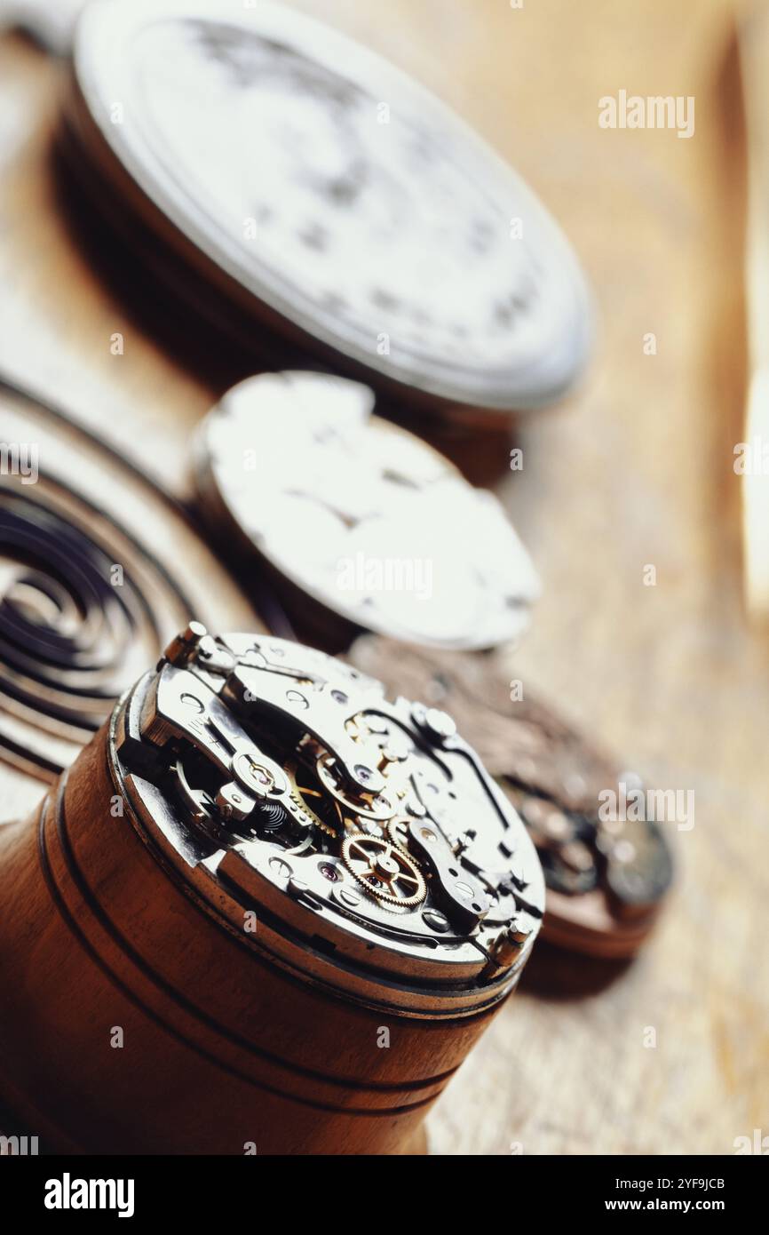 Das detailgetreue Uhrwerk befindet sich auf einem Holzfuß, umgeben von Spiralfedern und Komponenten, die die akribische Präzision der Montage in einem einfangen Stockfoto