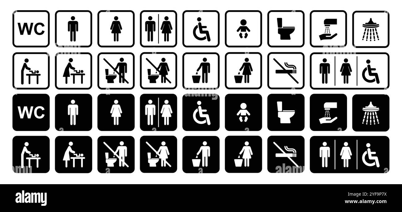 Toilettensymbole. Rauchen verboten, werfen Sie keinen Müll in die Toilette, männlich, weiblich, Duschsymbol. Toilette für Männer, Frauen, Behinderte Piktogramme Stock Vektor