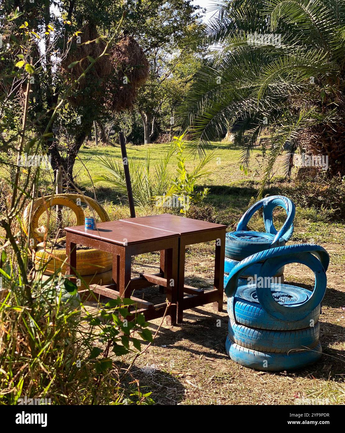 Nachhaltige, kreative Stühle von Car Tyres in Cafe, Bir, Indien Stockfoto