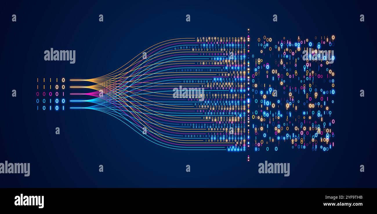 Datengesteuertes KI- und Analysekonzept mit neuronalen Netzwerken, maschinellem Lernen und Big Data Stream. Darstellung der Datenflusstechnologie und -Wissenschaft für PRED Stockfoto