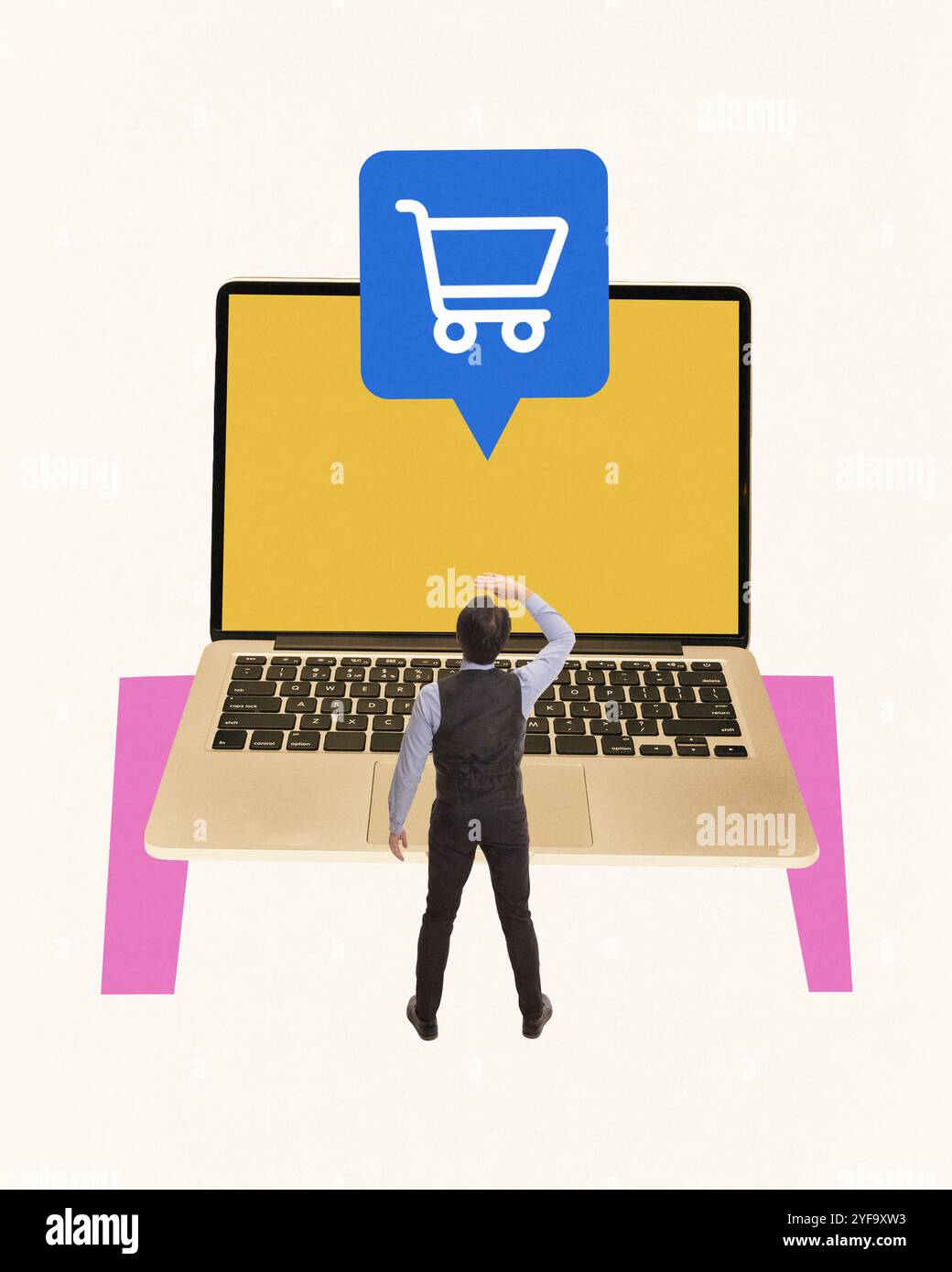 Geschäftsmann steht vor einem großen Laptop-Bildschirm mit Einkaufswagen-Symbol. Online-Shopping, innovative App-Services. Zeitgenössische Kunstcollage. Stockfoto