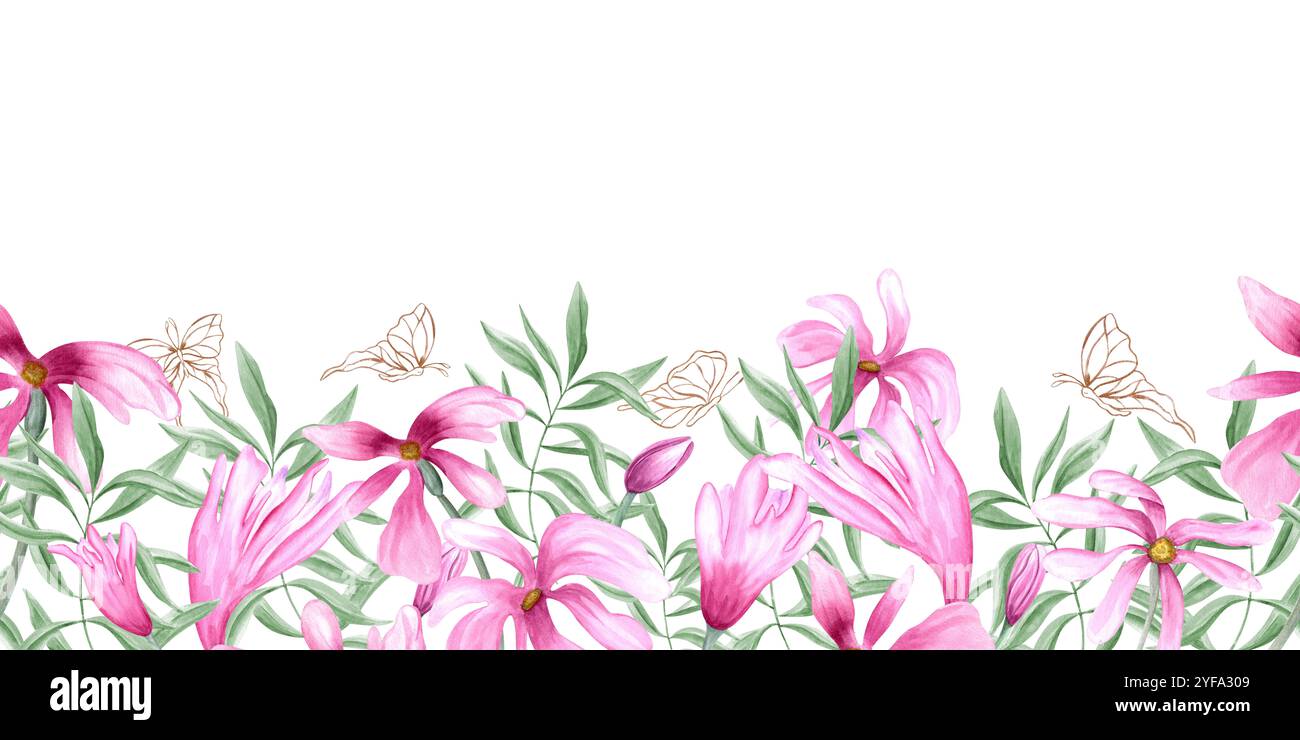 Pinke Magnolien, grüne Blätter und flatternde goldene Silhouette Schmetterlinge Aquarellbanner. Abstrakte Blumen Illustration Stockfoto